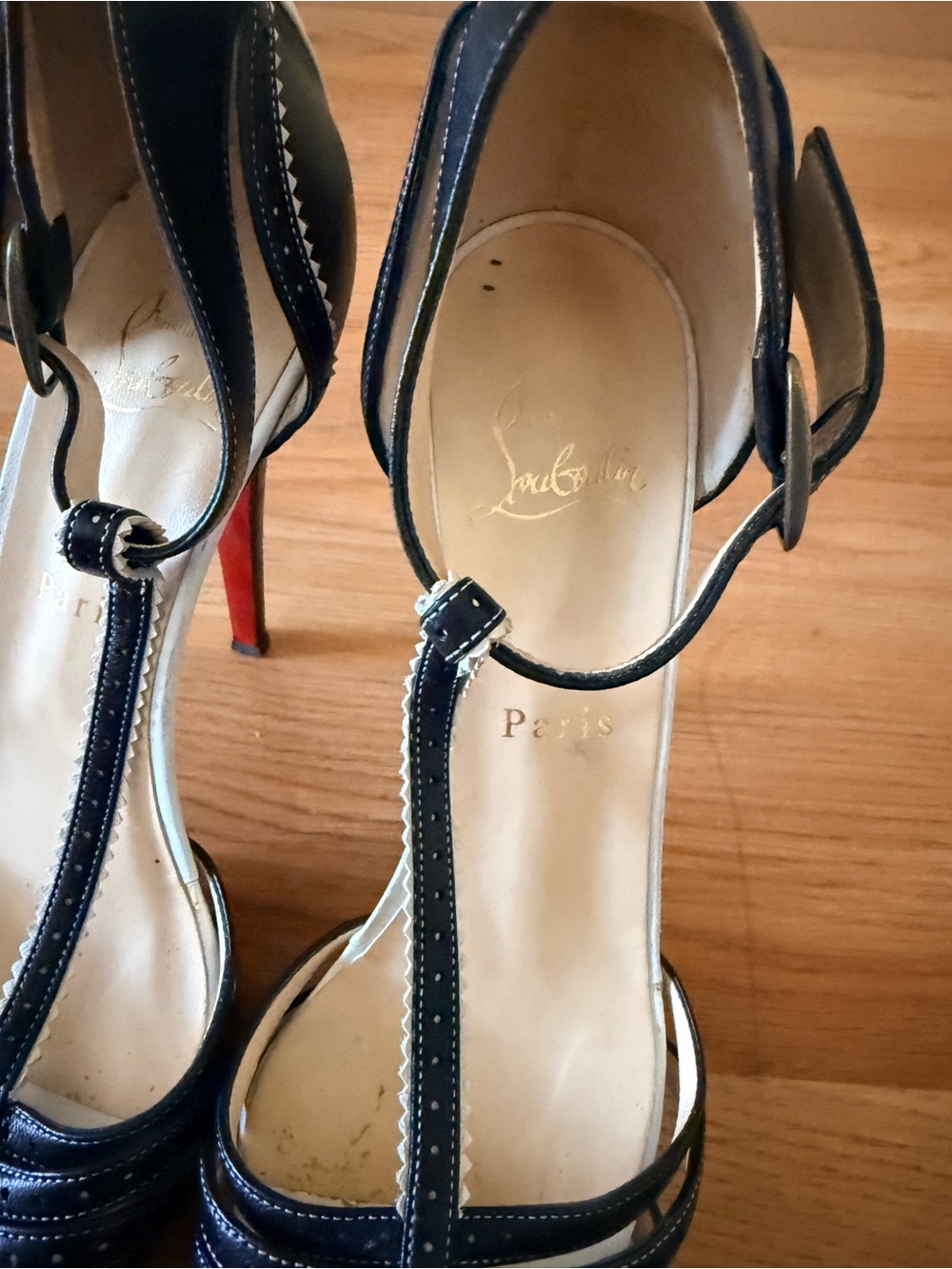 Christian Louboutin Black and Red T-Strap High Heels